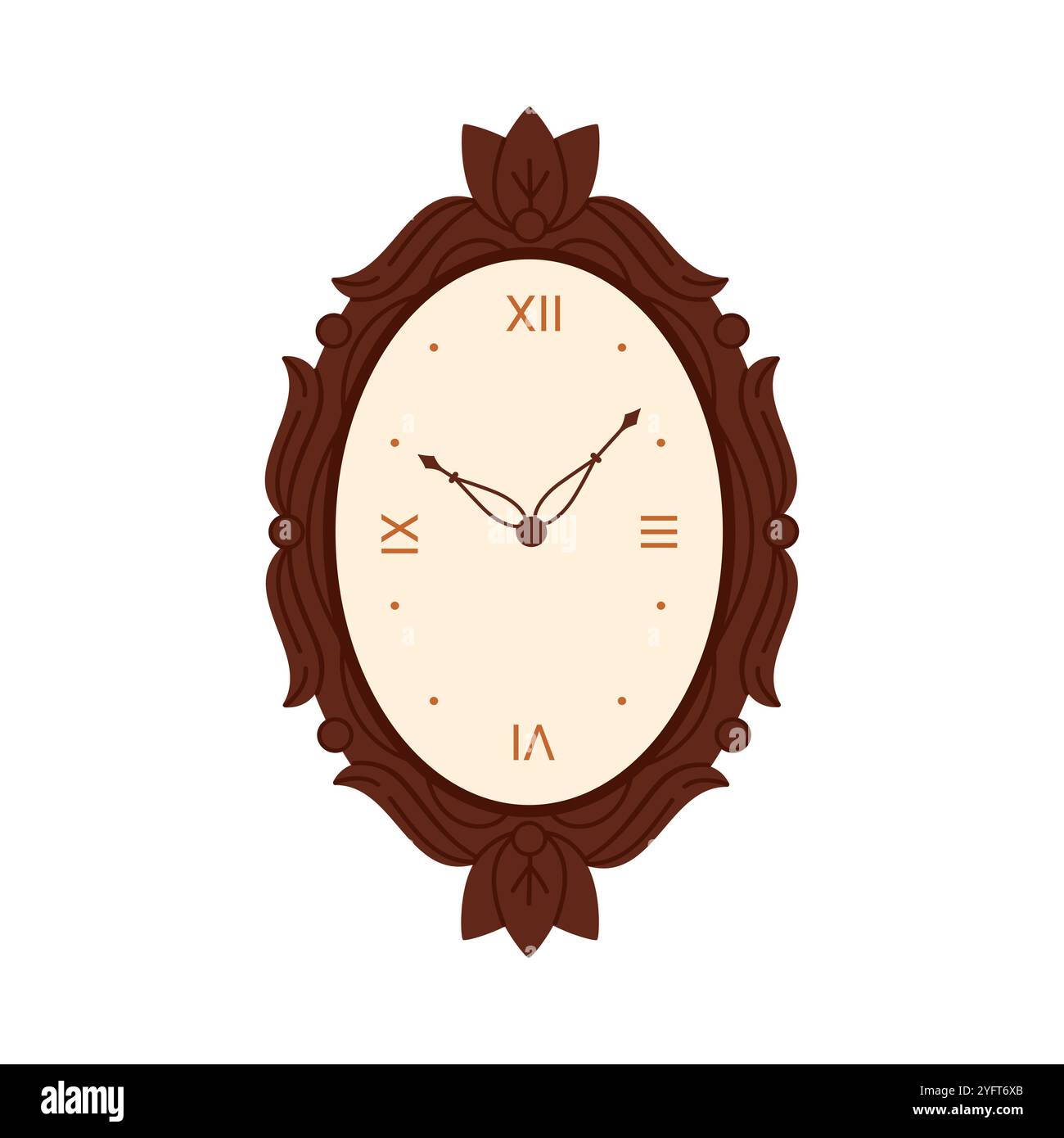 Alte Uhr mit römischen Ziffern, Vintage-Nadelzeiger auf ovalem Zifferblatt in Rahmenvektor-Illustration Stock Vektor