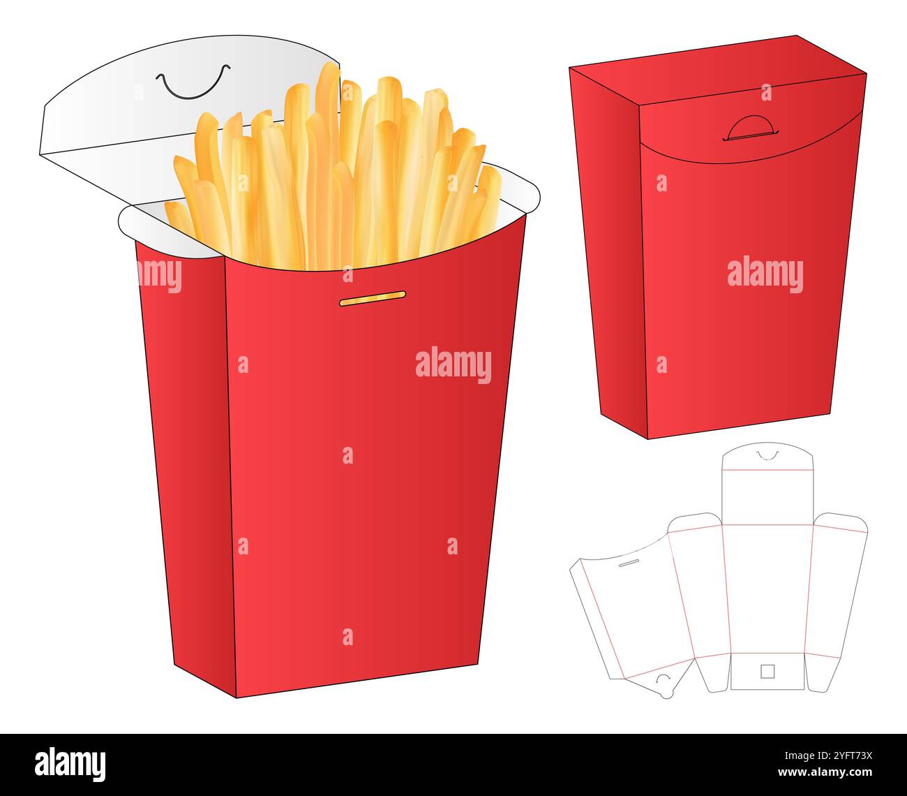 Pommes Frites Box-Verpackungen, gestanzte Vorlagen. Stock Vektor