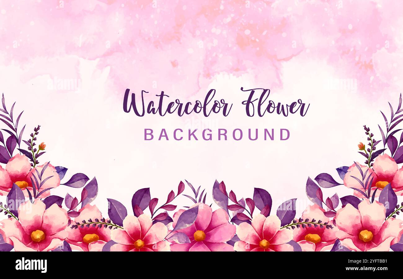 Aquarellfloraler Hintergrund mit rosa Blumen und lila Blätter Stock Vektor