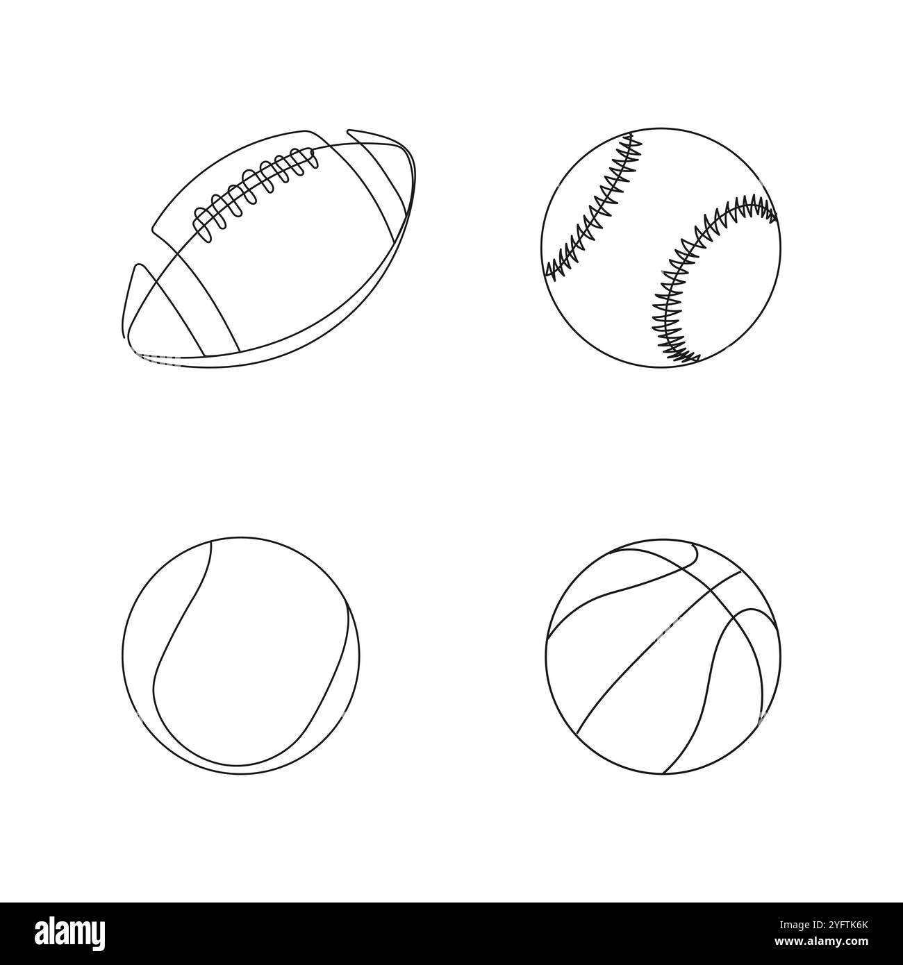 Satz Kugeln. Einzeilige Art. Rugby, Baseball, Basketball, Tennis. Sportausrüstung. Vektorabbildung. Stock Vektor