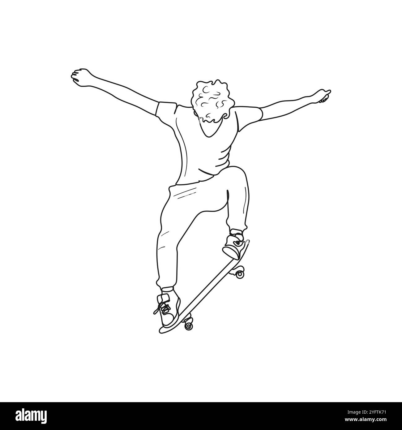 Skateboarder macht einen Trick mit Skateboard. Person, die Skateboard für Sport und Hobby spielt. Sportkonzept. Handgezeichnete Vektorgrafik. Stock Vektor