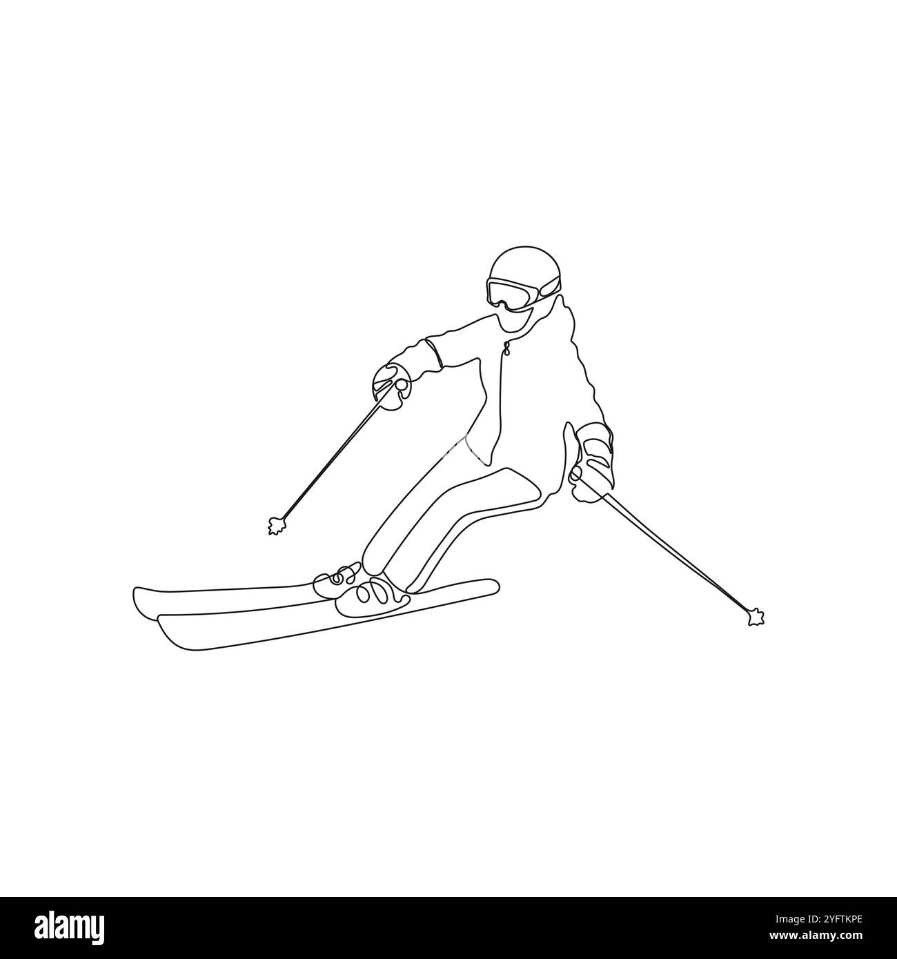 Skifahrer, Skifahren. Zeichnungsstil mit einer Linie. Abfahrt vom Berg. Wintersport und Tourismuskonzept. Handgezeichnete Vektorgrafik. Stock Vektor