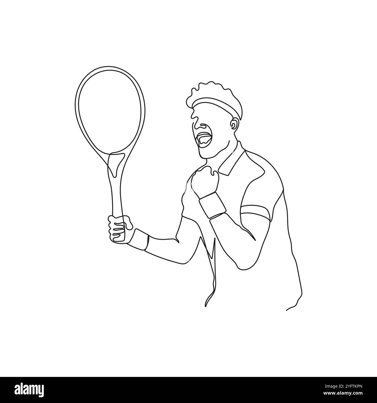 Junger Tennisspieler. Einzeilige Art. Tennisspieler mit Schläger während des Spiels. Gewinner, Sport Vektor Illustration. Stock Vektor