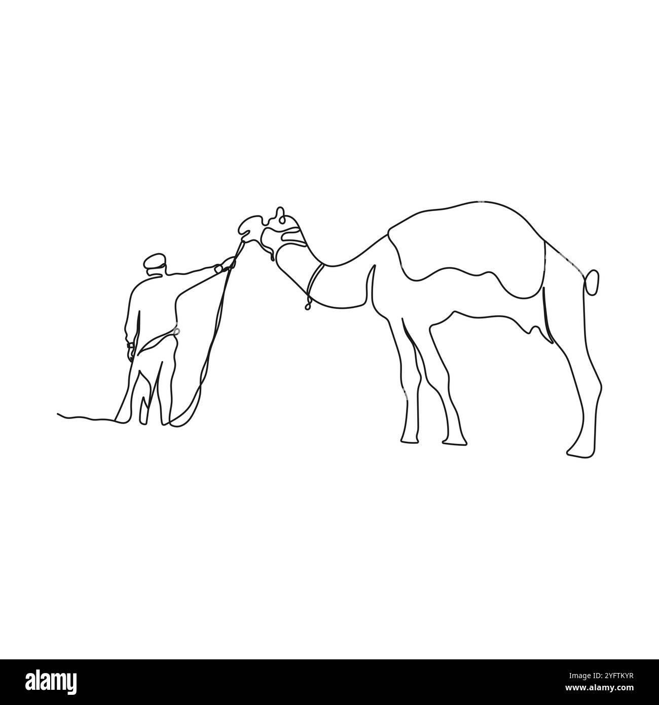 Arabischer Mann mit Kamel in der Wüste. Einzeilige Zeichnung. Handgezeichnete Vektorgrafik. Stock Vektor