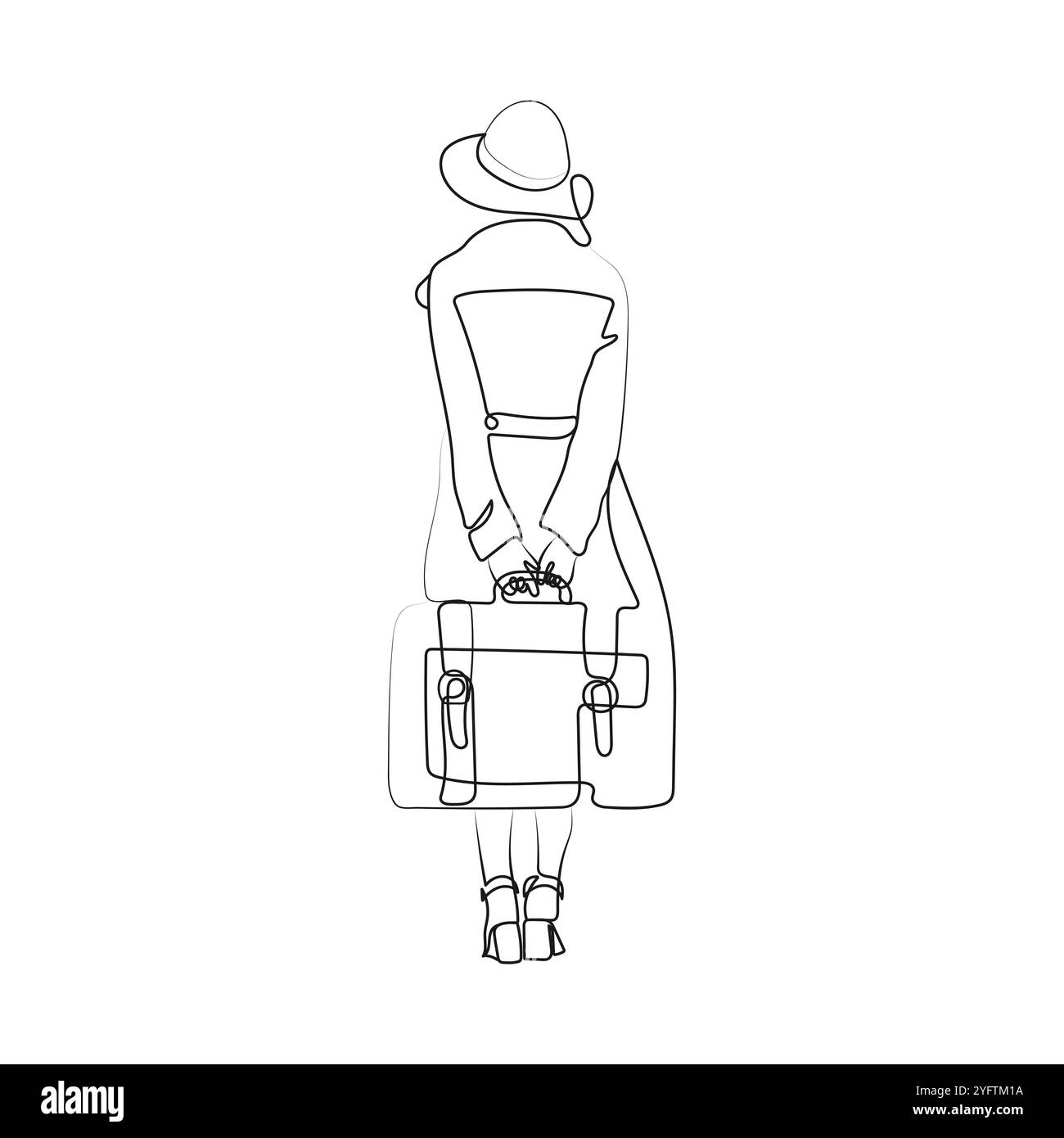 Mädchen mit Koffer, Hut und Mantel. Einzeilige Art. Reisekonzept. Vintage-Vektor-Illustration. Stock Vektor
