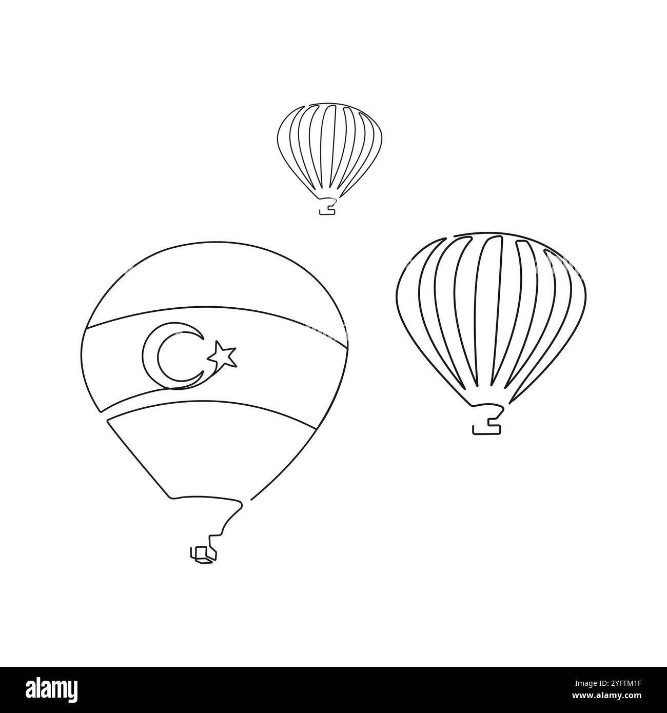 Heißluftballonflug in Kappadokien, Türkei. Einzeilige Art. Handgezeichnete Vektorgrafik. Stock Vektor