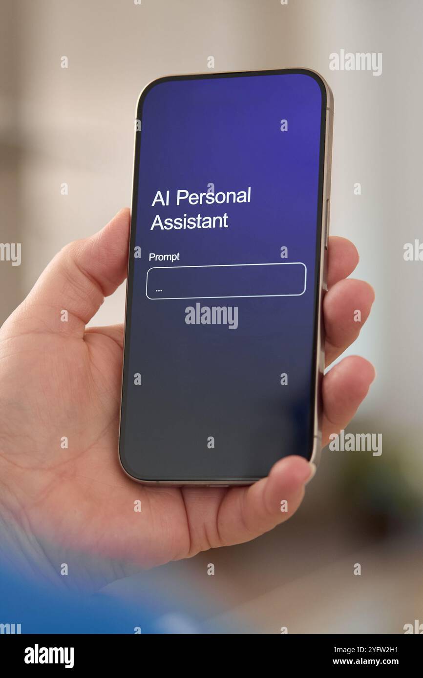 Eine Person hält ein schlankes Smartphone mit einer Benutzeroberfläche für einen persönlichen KI-Assistenten. Auf dem lebhaften Bildschirm wird der Benutzer aufgefordert, sich einzuschalten, was auf einen Techniker hinweist Stockfoto
