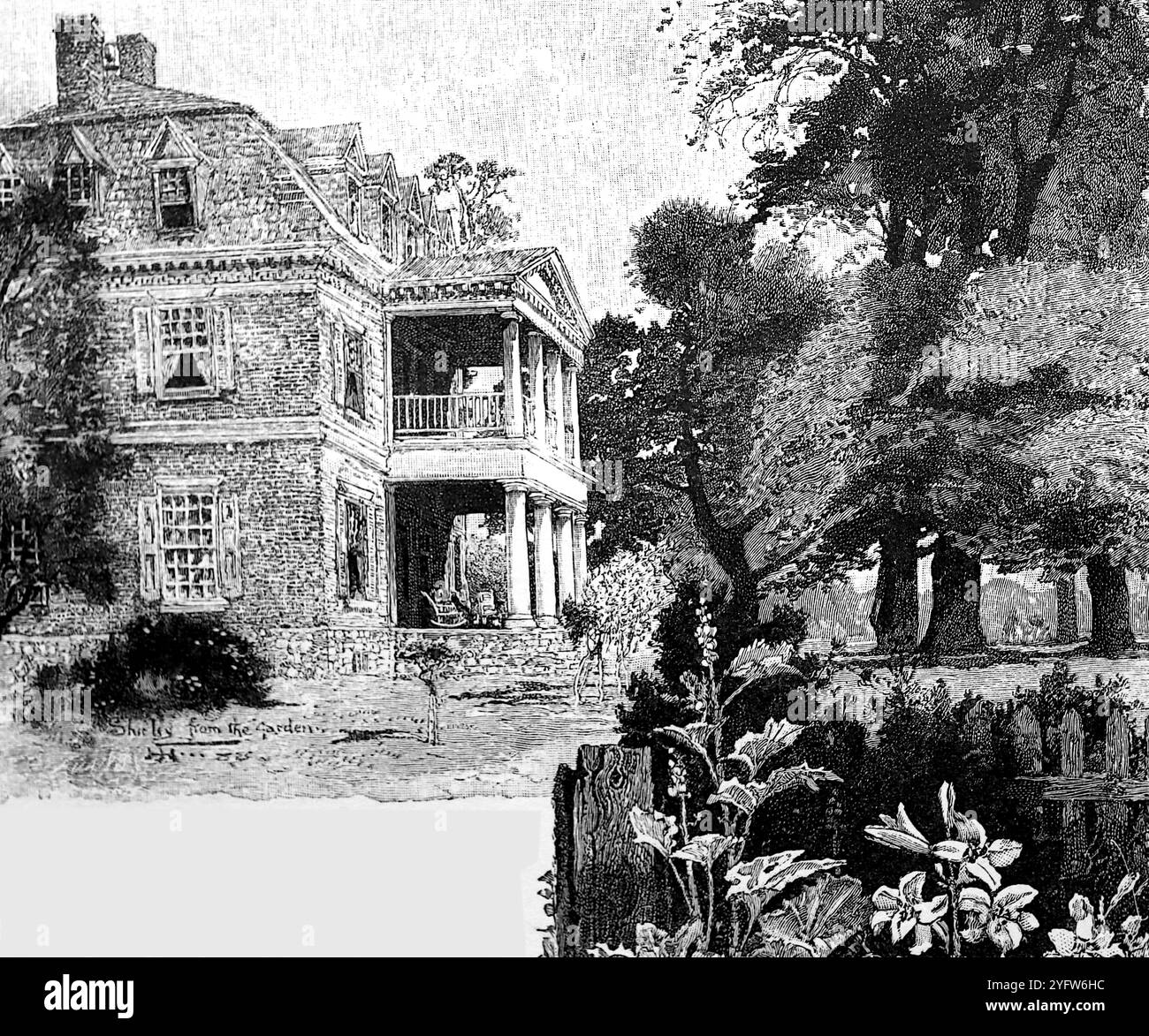 Ein altes Herrenhaus aus Virginia. Aus einem Reisebericht der Vereinigten Staaten von Amerika aus dem 19. Jahrhundert, der 1891 veröffentlicht wurde, ist dies eine Fotografie einer von mehreren Stichen (viele von Edward Whymper), die verwendet wurden, um Aspekte der Sozialgeschichte, Architektur, Topographie und Geographie der USA zu illustrieren. Stockfoto