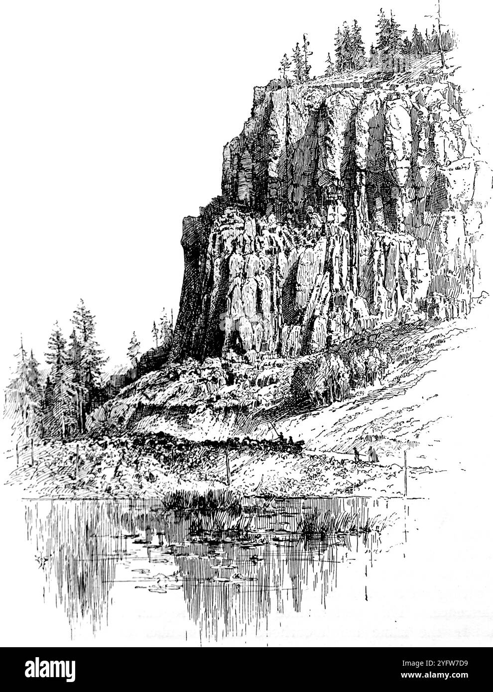 Ein Blick auf die Obsidian Cliff in Tower Junction, Wyoming, von einem Foto von Haynes von St. Paul. Aus einem Reisebericht der Vereinigten Staaten von Amerika aus dem 19. Jahrhundert, der 1891 veröffentlicht wurde, ist dies eine Fotografie einer von mehreren Stichen (viele von Edward Whymper), die verwendet wurden, um Aspekte der Sozialgeschichte, Architektur, Topographie und Geographie der USA zu illustrieren. Stockfoto