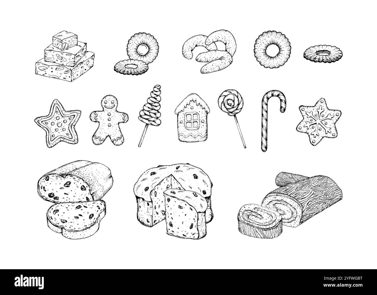 Handgezeichnete Vektor-Illustration von festlichen Weihnachts-Leckereien und Süßigkeiten, einschließlich Lebkuchenkekse, Bonbons, Lutscher, Stollen, Panettone und Stock Vektor