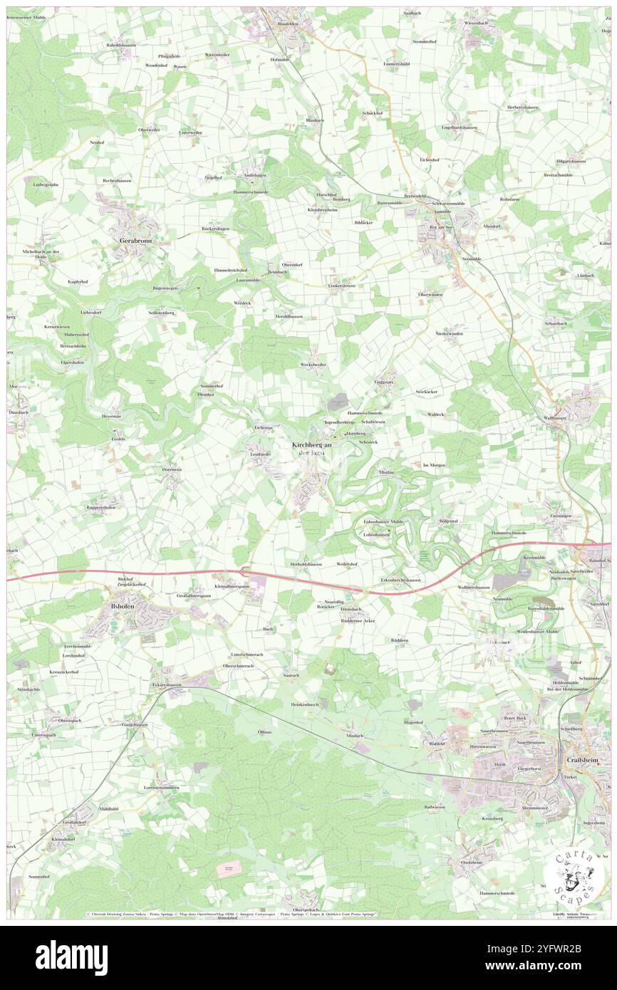 Kirchberg an der Jagst, Regierungsbezirk Stuttgart, Deutschland, Baden-Württemberg, n 49 12' 9'', N 9 58' 51'', Karte, Cartascapes Map, veröffentlicht 2024. Erkunden Sie Cartascapes, eine Karte, die die vielfältigen Landschaften, Kulturen und Ökosysteme der Erde enthüllt. Reisen Sie durch Zeit und Raum und entdecken Sie die Verflechtungen der Vergangenheit, Gegenwart und Zukunft unseres Planeten. Stockfoto