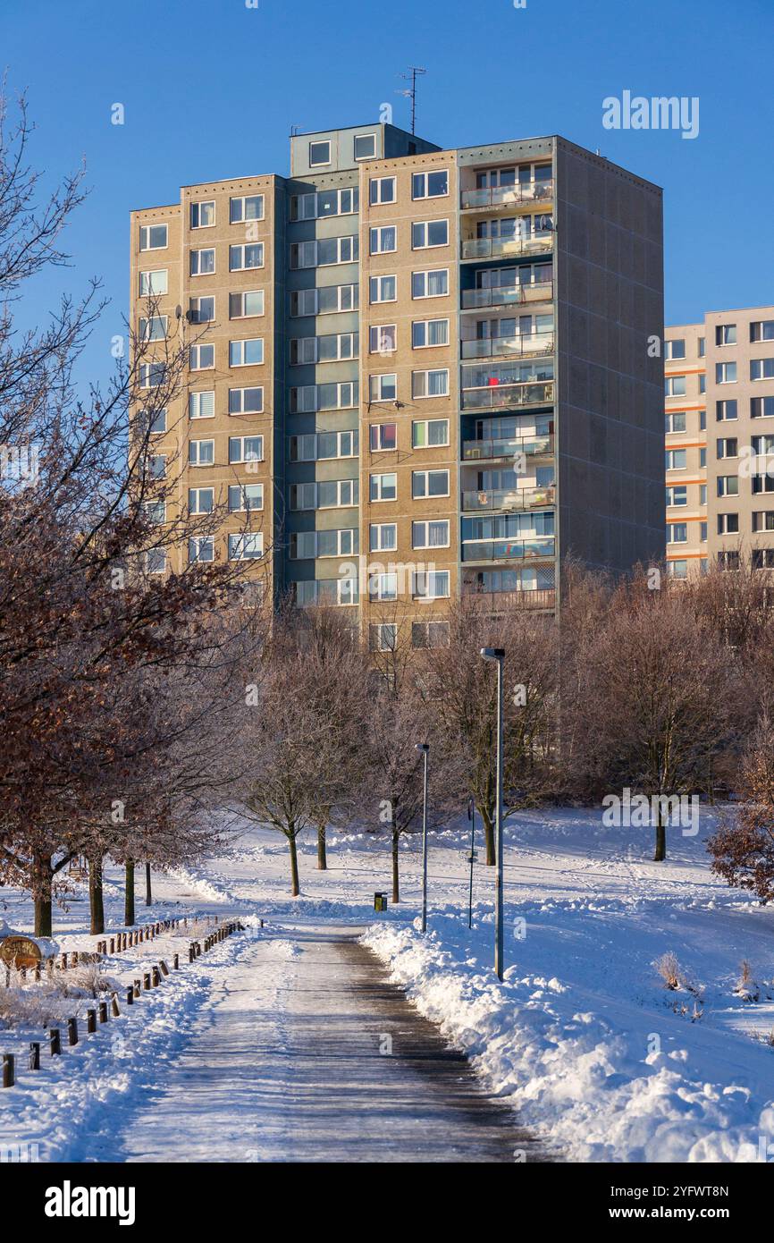 Isolierte panel House Apartments hinter Bäumen, Hochhaus Mehrfamilienhaus, vorgefertigte tower Blocks von Betonplatten, großes Panel System Gebäude, Stockfoto