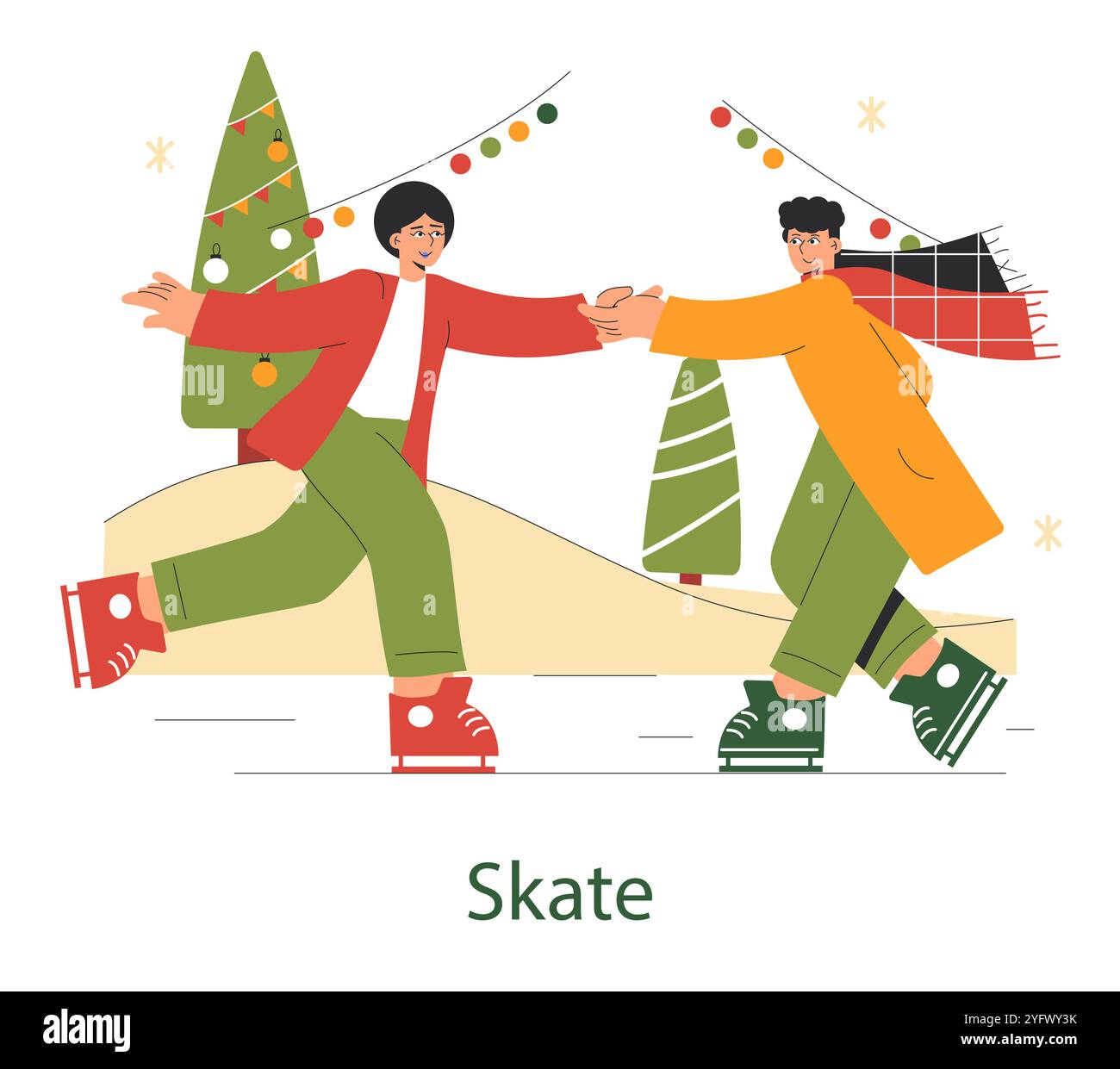 Weihnachtliches Schlittschuhlaufen-Konzept. Zwei Personen genießen es, gemeinsam in festlicher Dekoration zu laufen. Saisonale Bindung und aktive Feiertage. Vektorabbildung. Stock Vektor