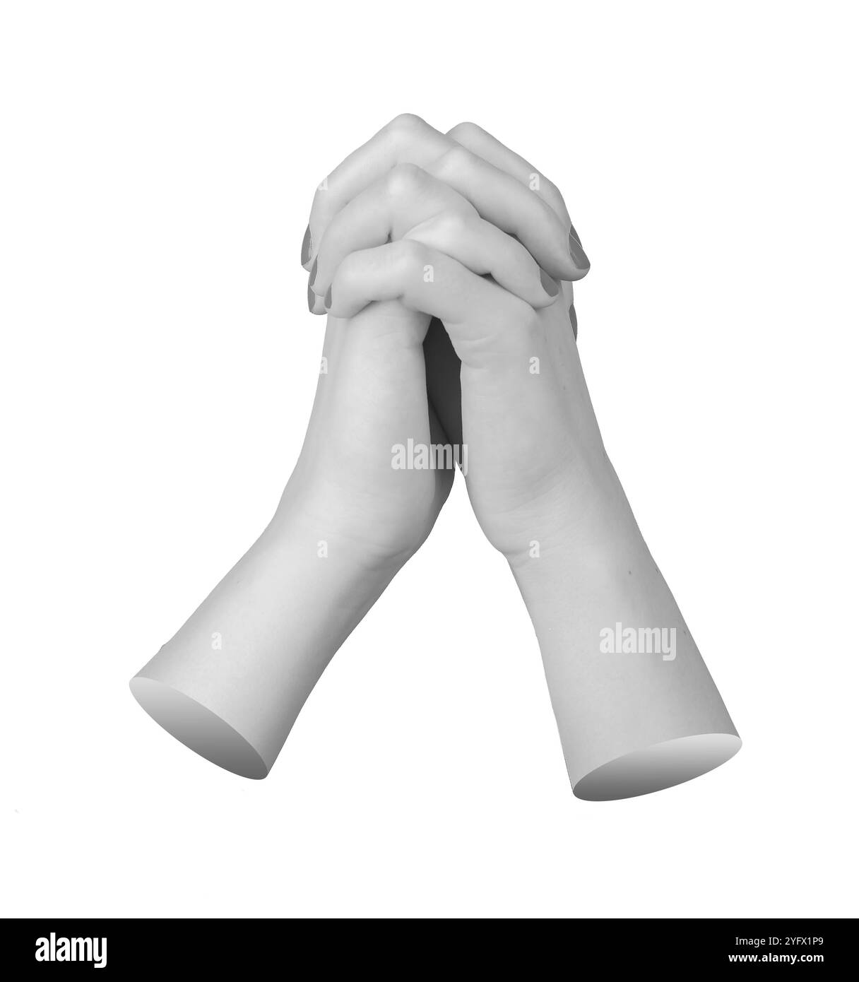 Hände verflochten in unterstützender Einheit, gefesselte Finger symbolisieren Frieden, Dankbarkeit und Hingabe. Weibliche Geste mit ruhiger Verbindung, Graustufen-Desi Stockfoto