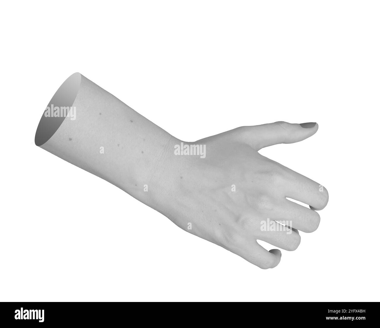 Öffnen Sie die weibliche Hand in ausreichender Haltung, Seitenansicht, Greifposition mit ausgestreckten Fingern, Daumen in monochromer Geste ausgestreckt. Dorsale Ansicht des Arms, g Stockfoto