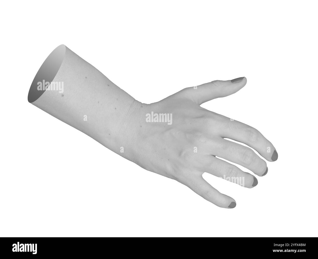 Öffnen Sie die weibliche Hand in der ausladenden Haltung, Seitenansicht, die Finger dehnen sich mit sichtbaren Knöcheln, was auf die Griffigkeit des virtuellen Produkts hindeutet. Monochrome Geste, dorsal Stockfoto