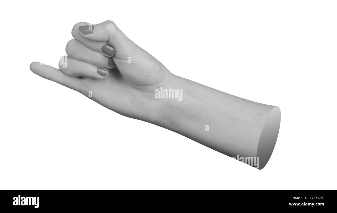 Hand mit dem kleinen Finger, der zur Seite zeigt, isoliert auf weißem Hintergrund. Stockfoto