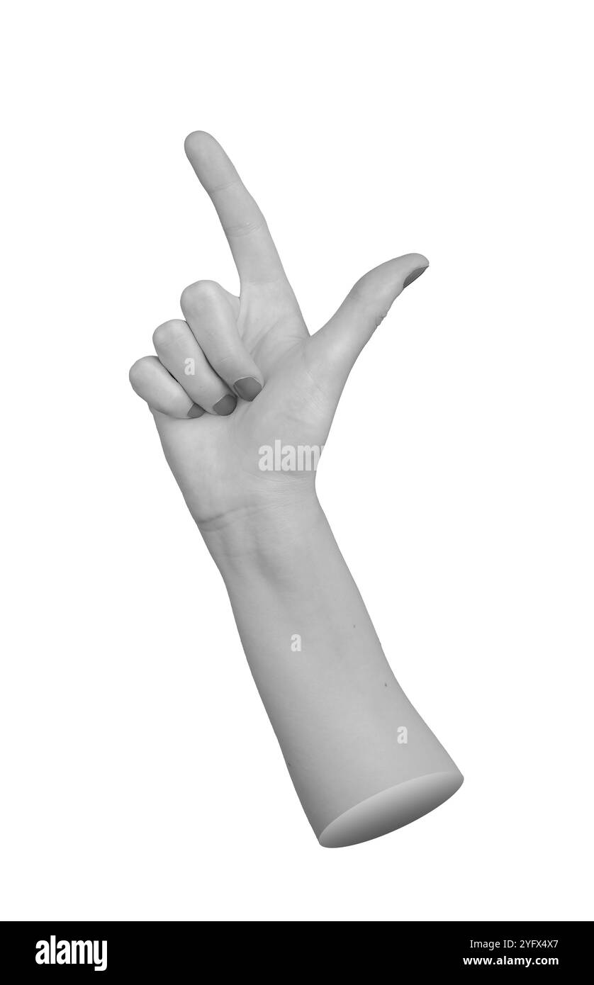 Hand mit Zeigefinger nach oben und Daumen nach außen, sodass eine L-Form entsteht, isoliert auf weißem Hintergrund. Stockfoto