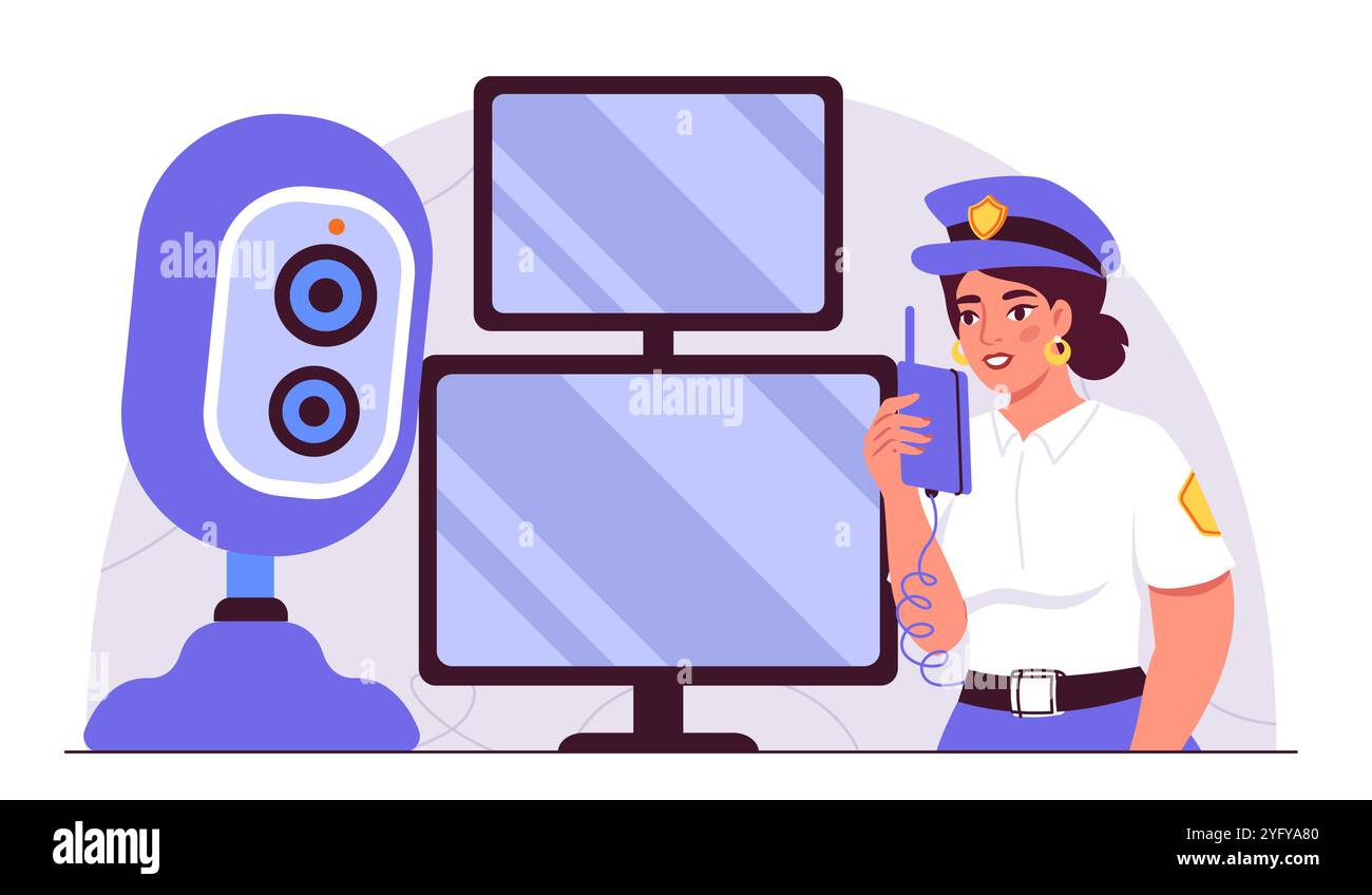 Weiblicher Sicherheitsbeamter. Mädchen in Uniform mit Walkie-Talkie in der Nähe von Computern und Kameras. Sicherheit und Sicherheit der Anlage. Bodyguard-Überwachung. Flach Stock Vektor