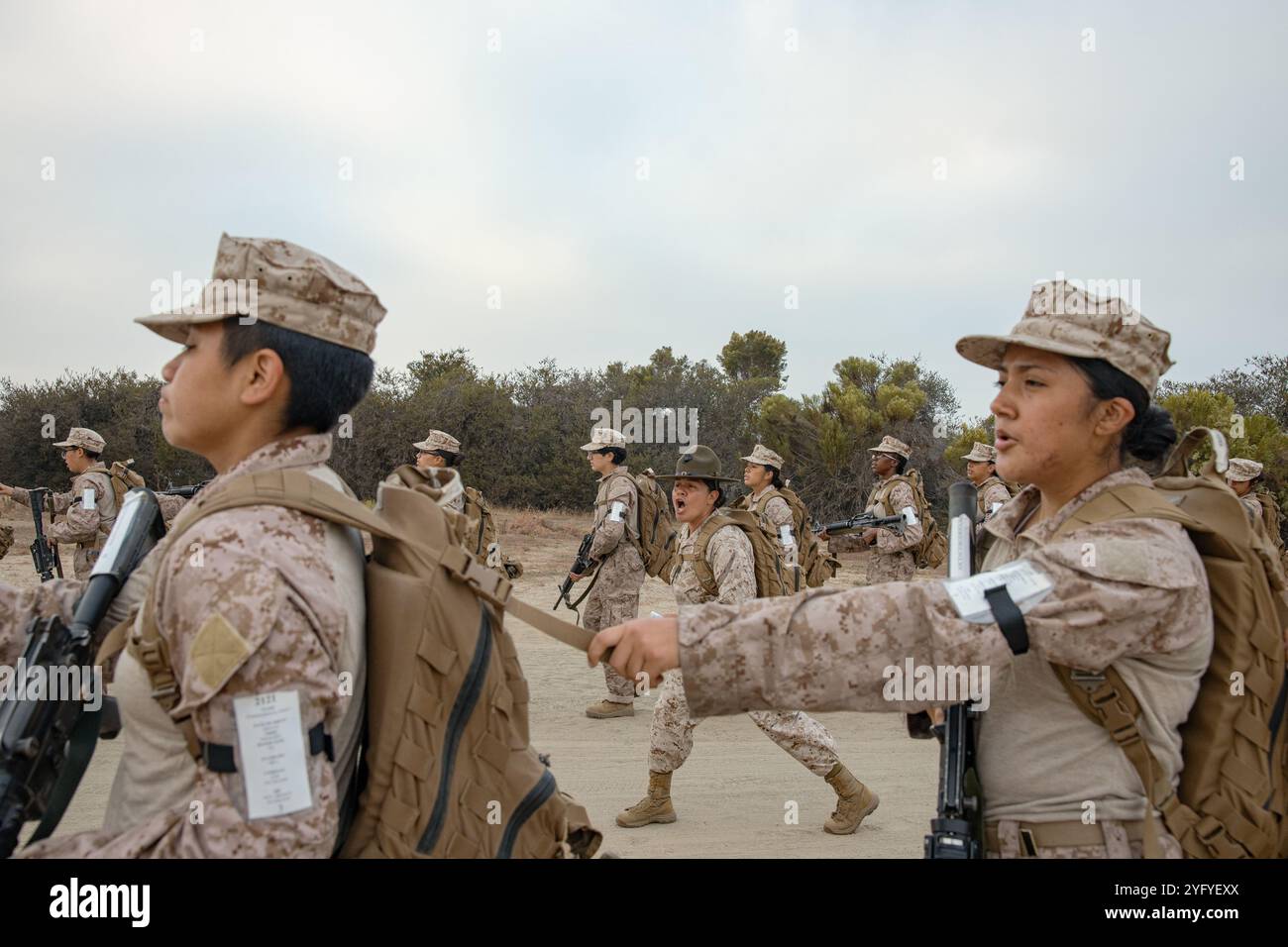 Ein Bohrlehrer des U.S. Marine Corps bei Fox Company, 2nd Recruit Training Battalion, vermittelt Rekruten Wissen während einer zwei Kilometer langen Einführungswanderung im Marine Corps Recruit Depot San Diego, Kalifornien, 10. Oktober 2024. Während des Trainings führen Rekruten eine Reihe von progressiv längeren Wanderungen durch, um sie körperlich und geistig zu konditionieren, um Kampfbereitschaft für alle notwendigen zukünftigen Operationen zu schaffen. (Foto des U.S. Marine Corps von CPL. Sarah M. Grawcock) Stockfoto