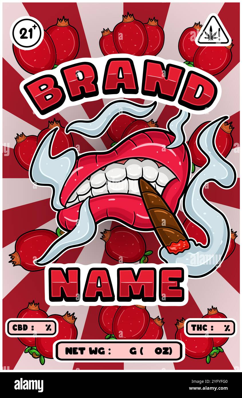 Cartoon Smoking Mouth mit Granatapfelsorten und Rauch für Cannabis und Tabak Verpackungsdesign. Vektorabbildungen Stock Vektor