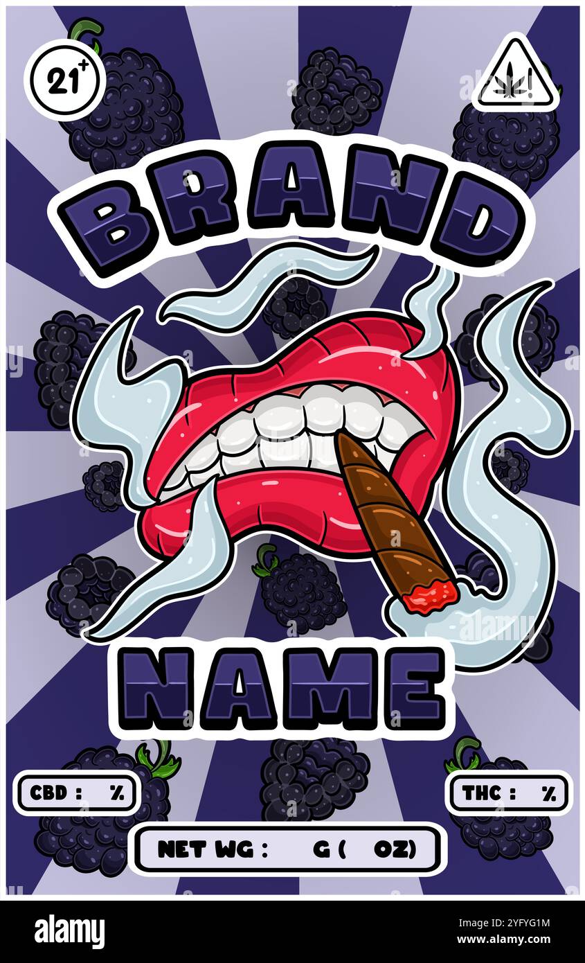 Cartoon Smoking Mouth mit Blackberry Sorten und Rauch für Cannabis und Tabak Verpackungsdesign. Vektorabbildungen Stock Vektor