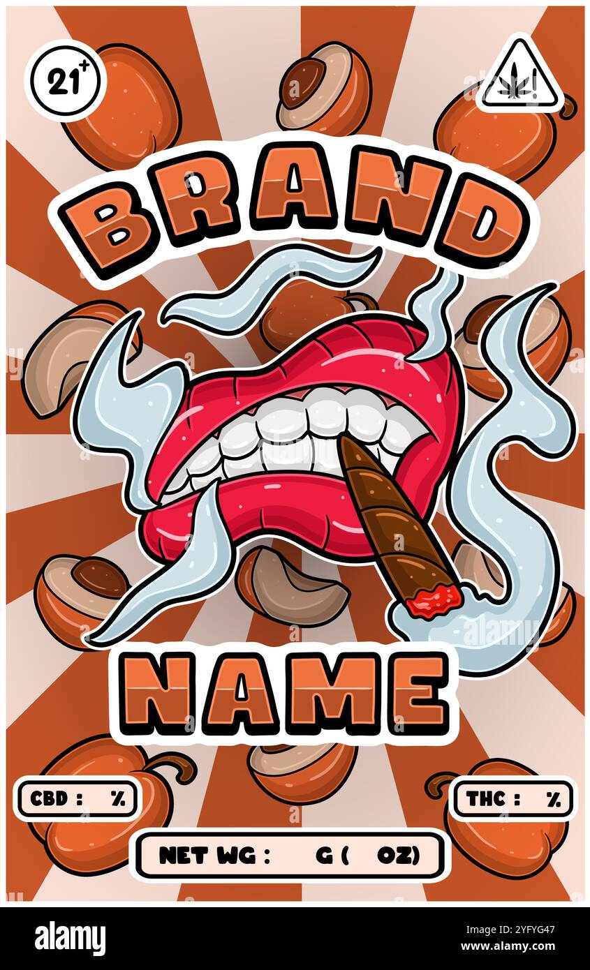 Cartoon Smoking Mouth mit Peach-Sorten und Rauch für Cannabis und Tabak Verpackungsdesign. Vektorabbildungen Stock Vektor