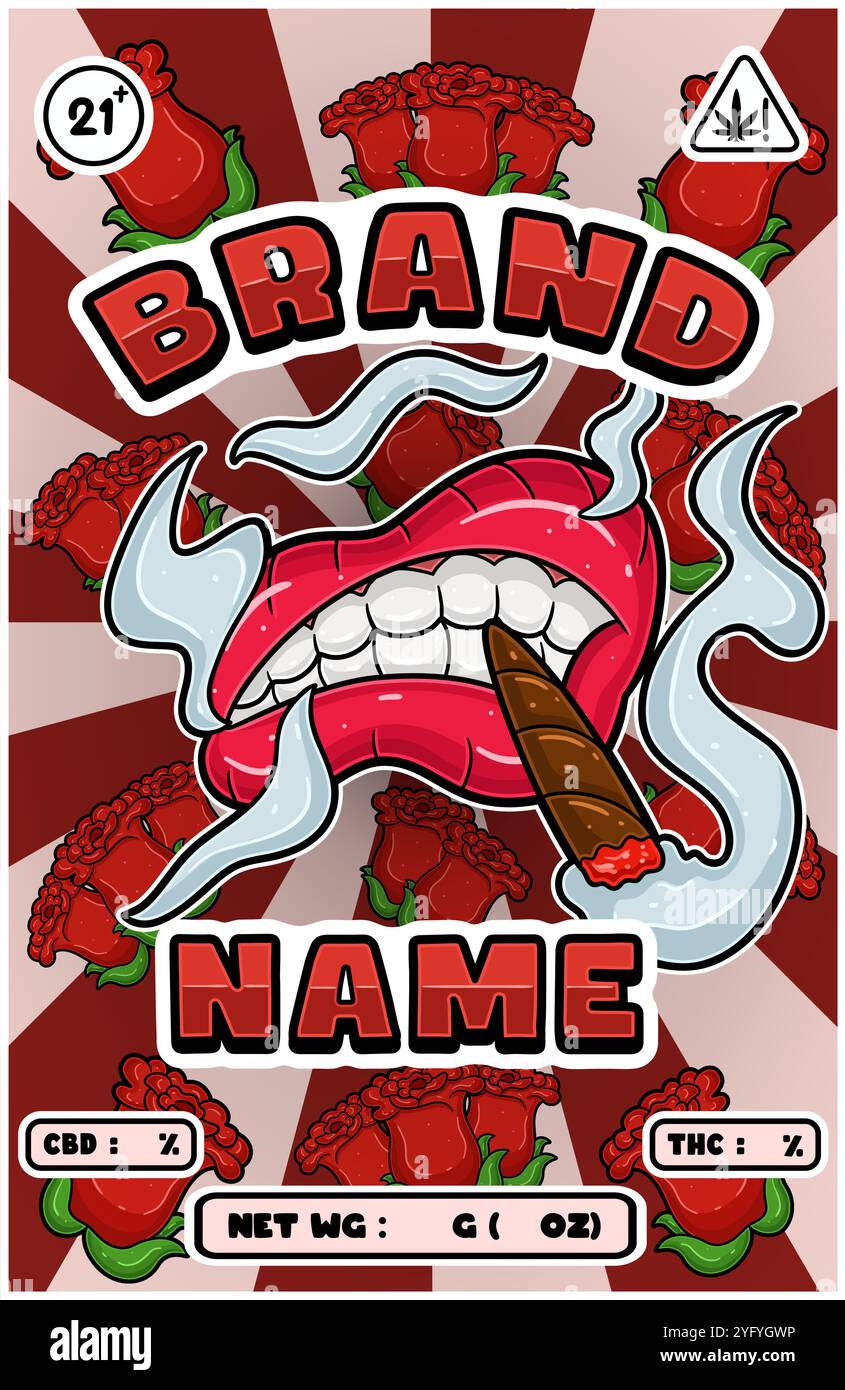 Cartoon Smoking Mouth mit Rosensorten und Rauch für Cannabis und Tabak Verpackungsdesign. Vektorabbildungen Stock Vektor