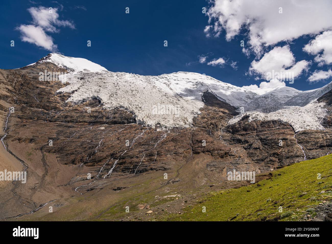 Ein Bild des Karo-la-Gletschers (Berg Noijin Kangsang) aus dem Jahr 2019 in Tibet, der aufgrund der globalen Erwärmung rasch zurückgeht. Stockfoto