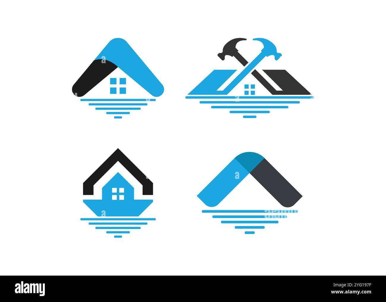 Kreatives Design mit minimalem Dachdesign und Wave-Logo. Wave und Real Estate Logo Konzept Stock Vektor