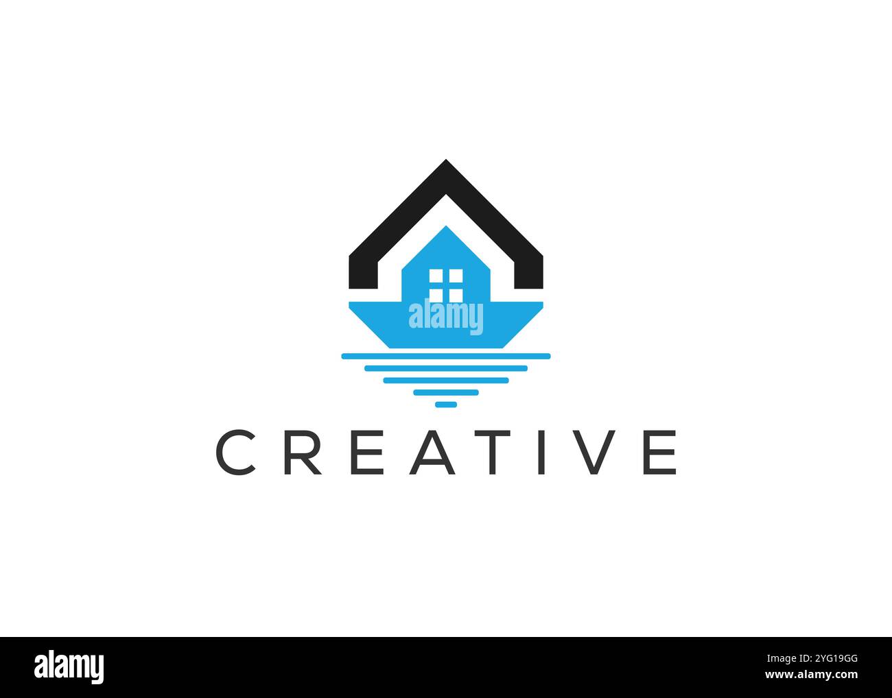 Kreatives Design mit minimalem Dachdesign und Wave-Logo. Wave und Real Estate Logo Konzept Stock Vektor