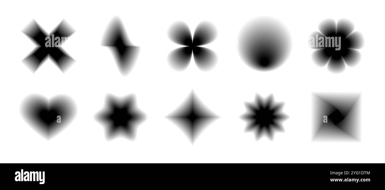 Schwarzes, glattes, verschwommenes Verlaufsformular. Grunge Unschärfe Aura Shape Kollektion. Verblasste abstrakte Elemente für Poster, Vorlage, Abzeichen, Aufkleber, Collage. Vektorblumen, Sterne und Herzen packen Stock Vektor
