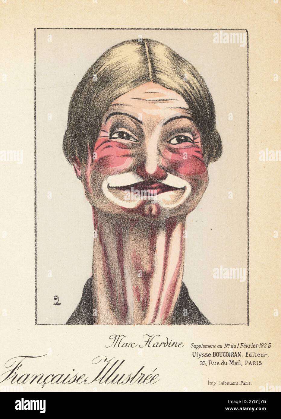 Porträt des Varieté-Sängers Max Hardine. Mit unverwechselbarem Haar und Bühnenbild. Chromolithograph von Geo aus La Coiffure Francaise Illustrée, französisches Friseurmagazin herausgegeben von Ulysse Boucoiran, 33 rue de Mail, Paris, Februar 1925. Stockfoto