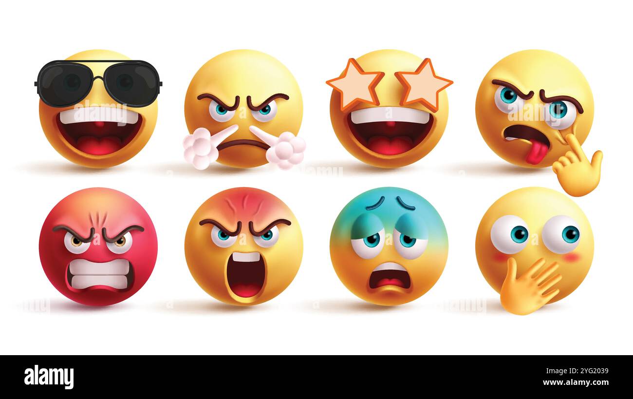 Emoji Emoticon Zeichen Vektorsatz. Emojis Emoticons in cool, wütend, Star Eye, frech, schlechte Laune, schreiende, kalte und schüchterne Grafikelemente auf weißer Rückseite Stock Vektor