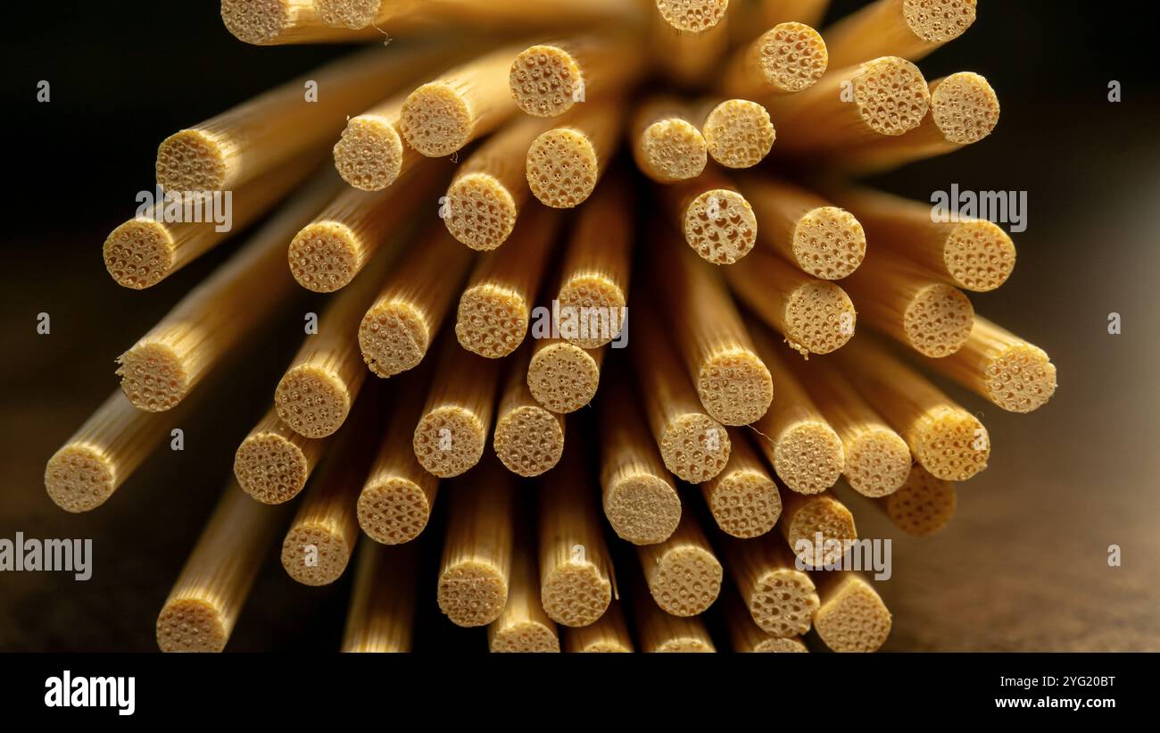 Holzspieße aus der Nähe, Holzstäbchen Stockfoto