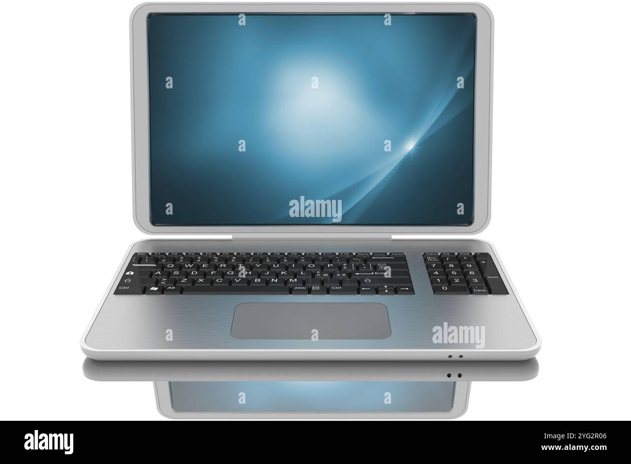 Grau geöffnetes Notebook auf weißem Hintergrund. Leerer Monitor mit Platz für Text. Stockfoto