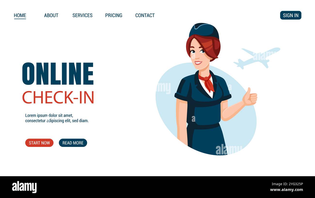 Online Check in Concept Website, Webseitendesign. Die junge lächelnde Stewardess zeigt die Daumen hoch. Flaches Design, Cartoon-Stil. Reisen, Flugreisen, Fluggesellschaften Konzept. Stock Vektor