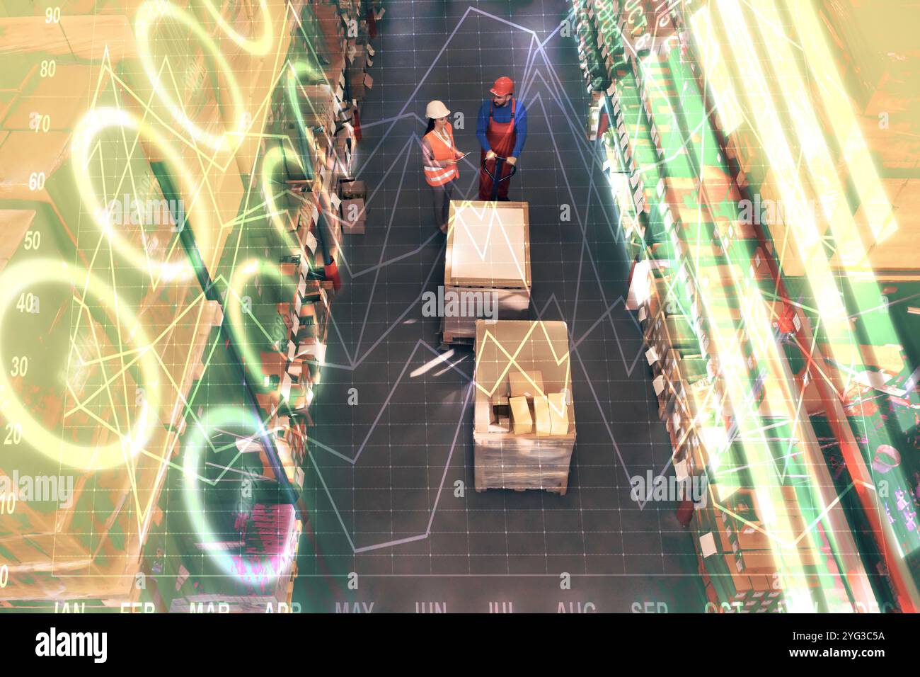 Manager und Mitarbeiter im Lager, Ansicht oben. Logistikzentrum. Diagramme Stockfoto