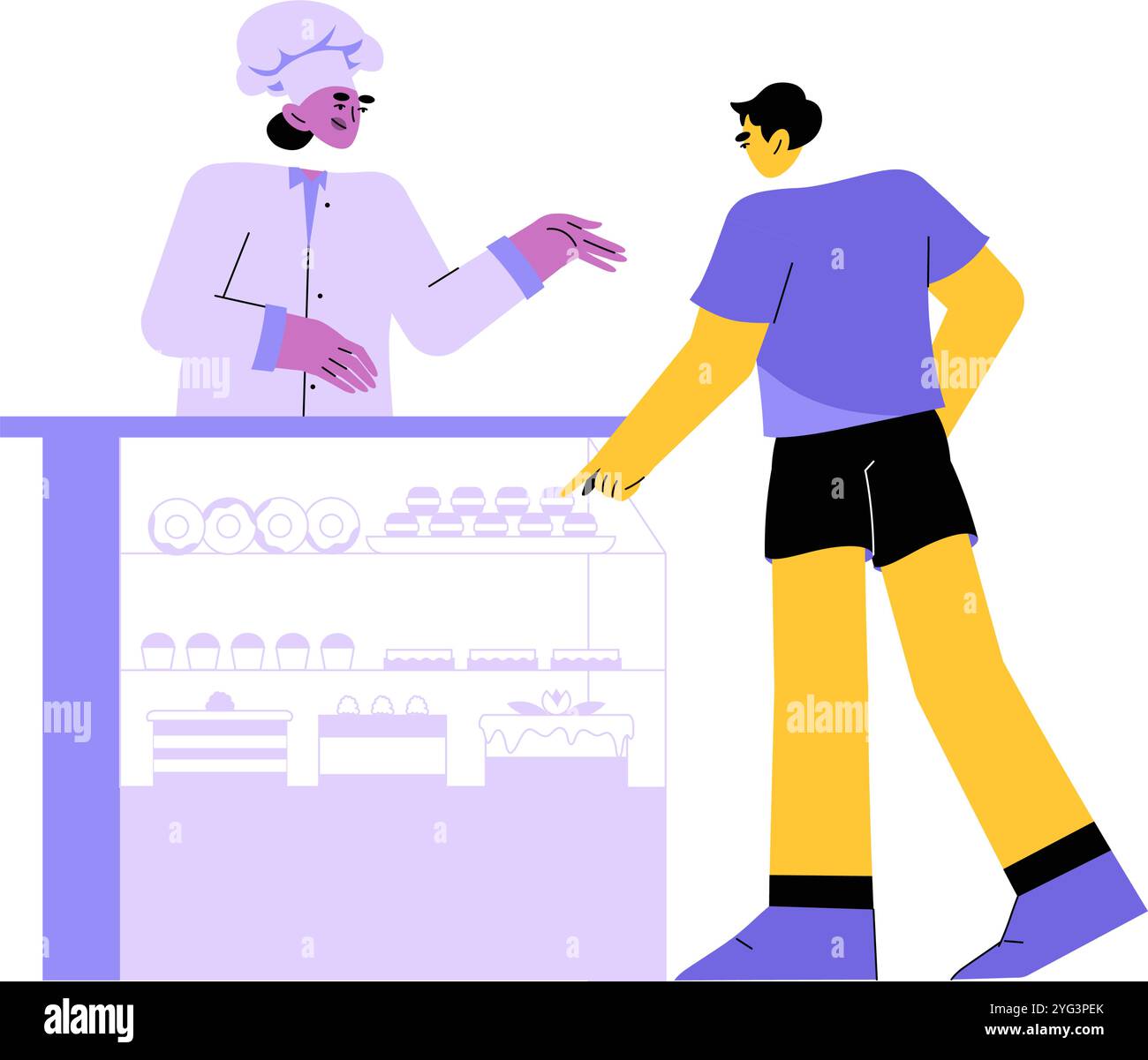 Weibliche Kundin, die Gebäck von der Bäckereitheke in der flachen Vektor-Illustration auswählt, die die Auswahl von Lebensmitteln, die Auswahl des Kunden und das Einkaufen im Geschäft symbolisiert Stock Vektor