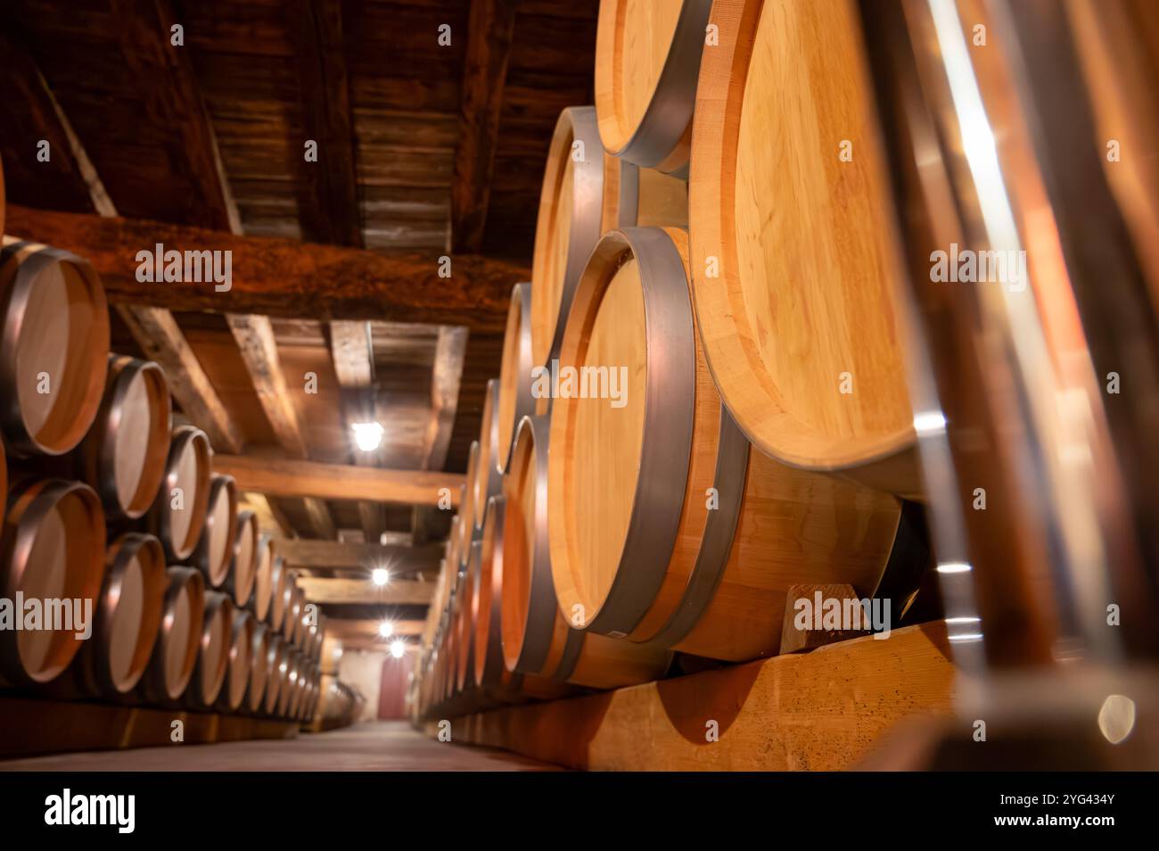 Weinkeller mit französischen Eichenfässern für die Reifung von Rotwein aus der Rebsorte Cabernet Sauvignon, Weinberge Haut-Medoc in Bordeaux, linkes Ufer von G Stockfoto