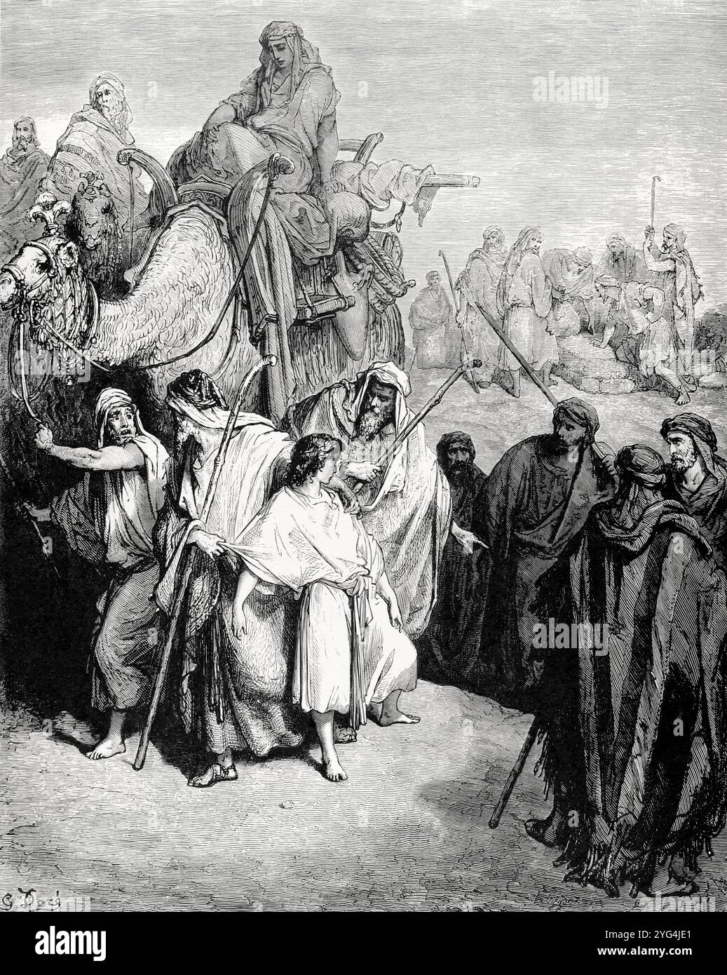 Altes Testament. Joseph, der von seinen Brüdern an die Ismaeliten verkauft wurde, wird nach Ägypten gebracht. Dort wird er als Sklave an Potiphar verkauft. Genesis, Kapitel XXXVII, Verse 23-32. Zeichnung von Gustave Doré. Stich von Thomas. Stockfoto
