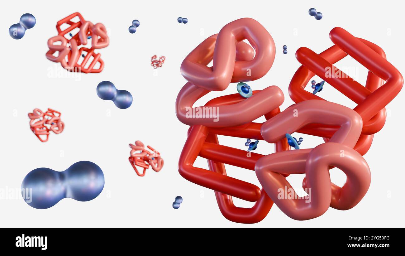 3D-Darstellung der Molekülstruktur von Hämoglobin-bindenden Sauerstoffmolekülen, die dynamische Interaktion zwischen Protein und Sauerstoffmolekülen. Stockfoto
