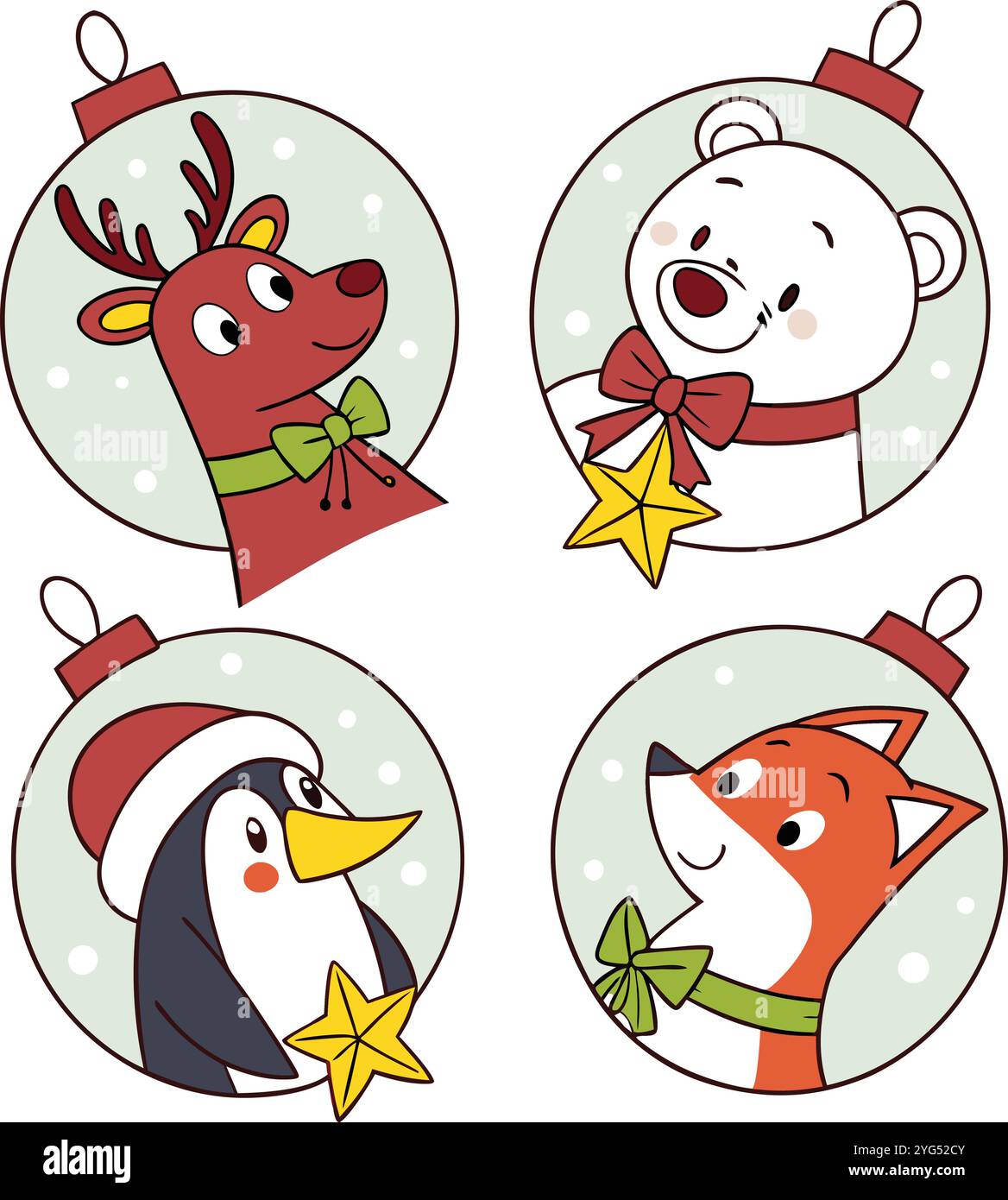 Festliche Cartoon-Ornamente mit Rentieren, Eisbären, Pinguinen und Fuchs, die den Feiertagsgeist feiern Stock Vektor