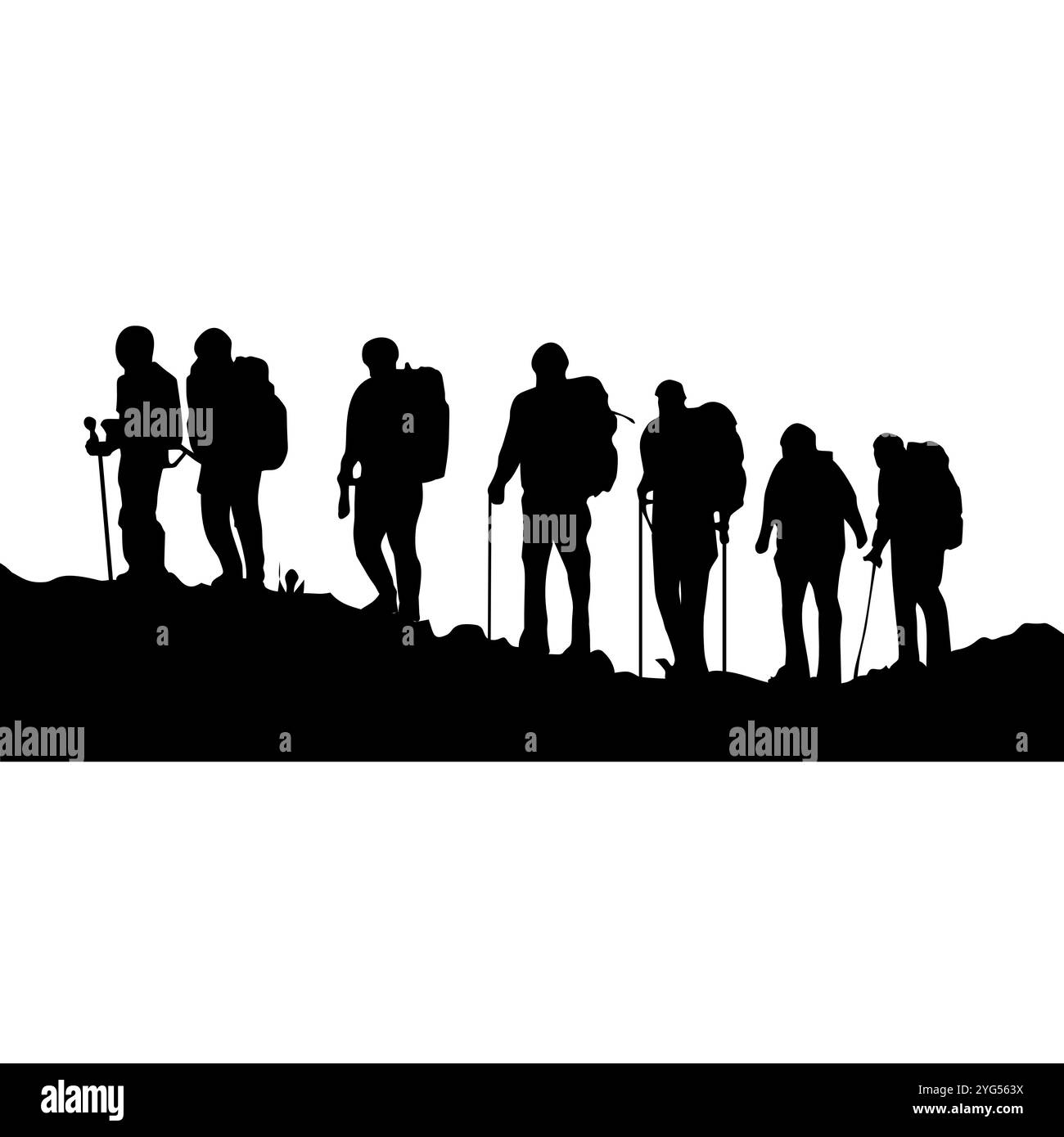 Silhouette von sieben Bergsteigern. Perfekt für Aufkleber, Ikonen, Werbeelemente oder Ornamente. Stockfoto
