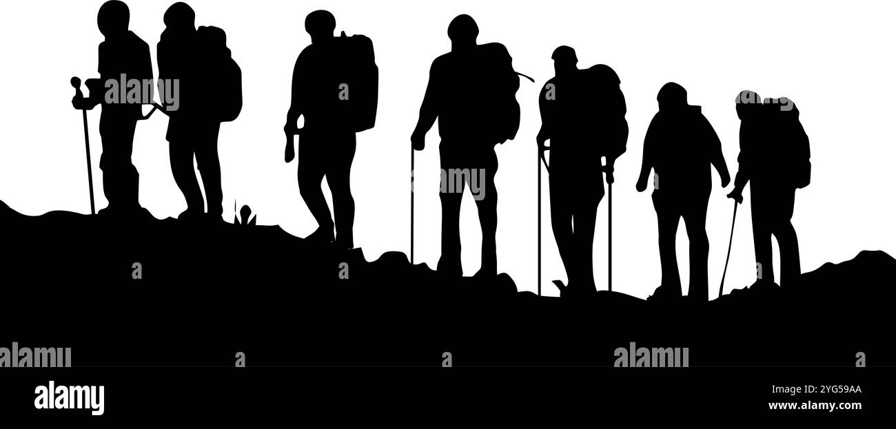 Silhouette von sieben Bergsteigern. Perfekt für Aufkleber, Ikonen, Werbeelemente oder Ornamente. Stock Vektor
