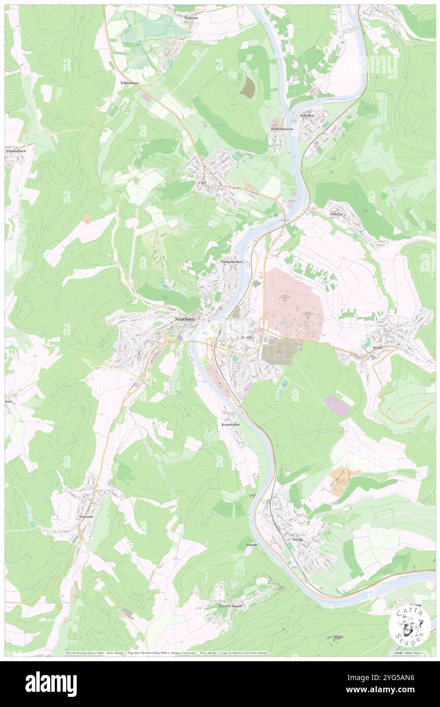 Saarburg (BZ Trier), Deutschland, Rheinland-Pfalz, N 49 36' 23'', N 6 33' 25''', Karte, Cartascapes Map veröffentlicht 2024. Erkunden Sie Cartascapes, eine Karte, die die vielfältigen Landschaften, Kulturen und Ökosysteme der Erde enthüllt. Reisen Sie durch Zeit und Raum und entdecken Sie die Verflechtungen der Vergangenheit, Gegenwart und Zukunft unseres Planeten. Stockfoto