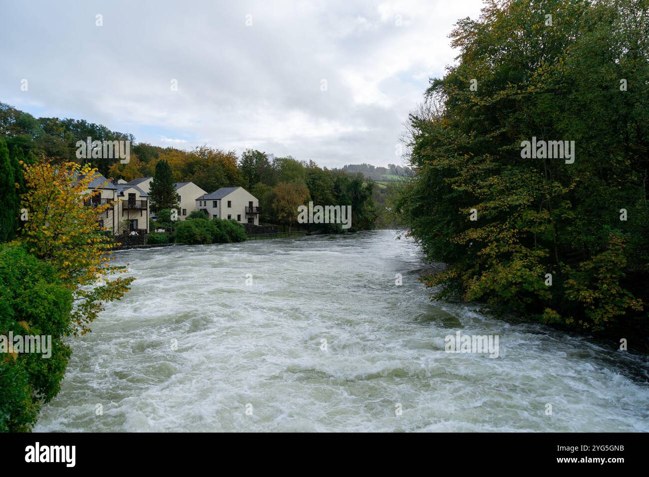 Ein Dorf neben einem Fluss in Überschwemmung, umgeben von lebhaftem Herbstlaub. Die ruhige Lage bietet Häuser am Flussufer Stockfoto