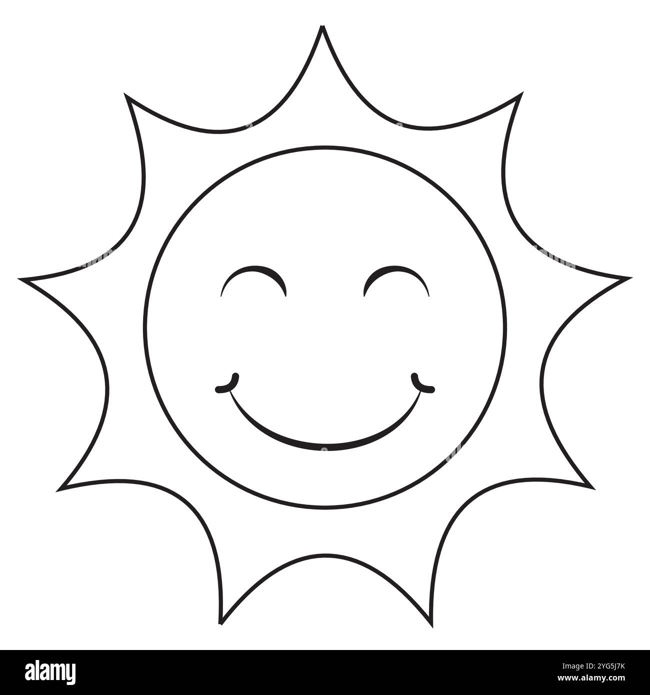 Schwarz-weiß lächelnde Sonne. Färbung Seite des lächelnden Sonnenvektors flaches Design isoliert auf weißem Hintergrund Stock Vektor