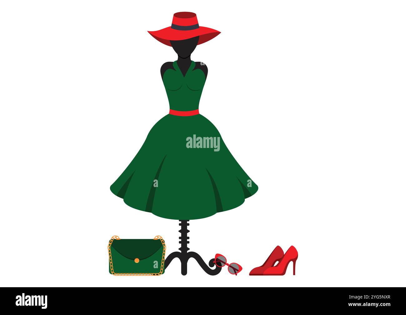 Set aus Damenbekleidung und Accessoires. Frauen Kleid, Schuhe, Tasche, Brille und Hut Vektor flache Design isoliert auf weißem Hintergrund Stock Vektor