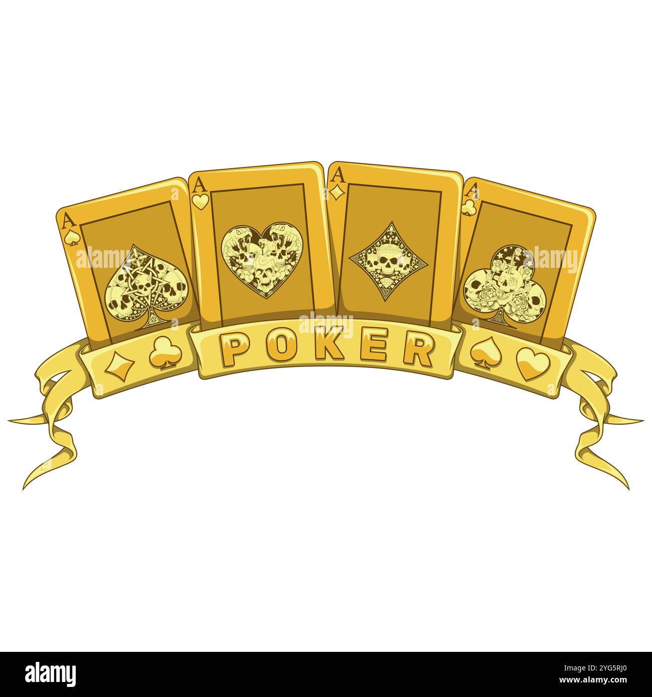 Pokerkarten umgeben von einem Band, Pokersymbole mit Herz, Diamant, Schläger und Ass mit verschiedenen Schädeldesigns Stock Vektor